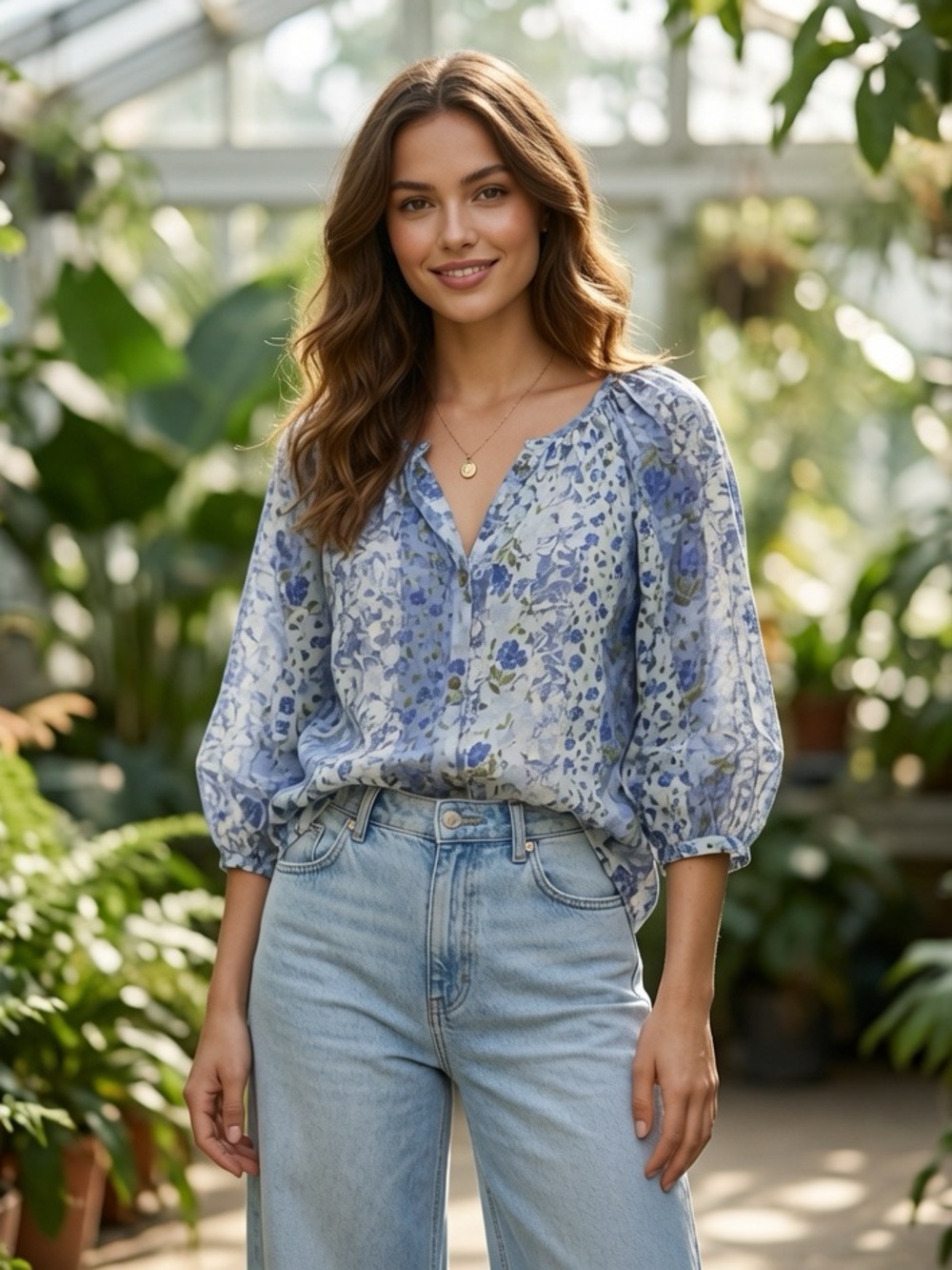 LC Lauren Conrad Blue Floral Button-Front Peasant Blouse